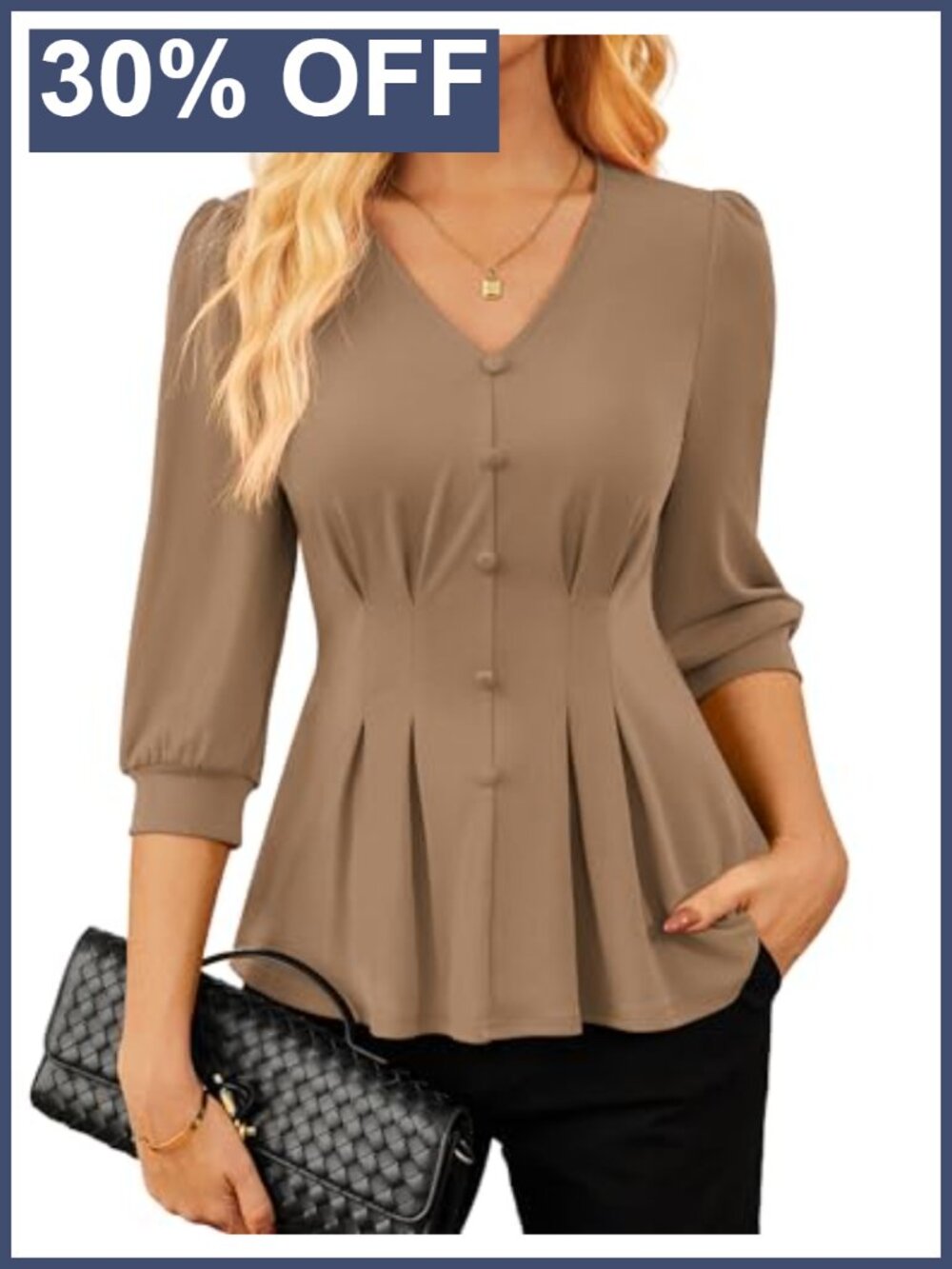 Women's Peplum Blouse V-Neck 3/4 Sleeve Business Casual Work Top